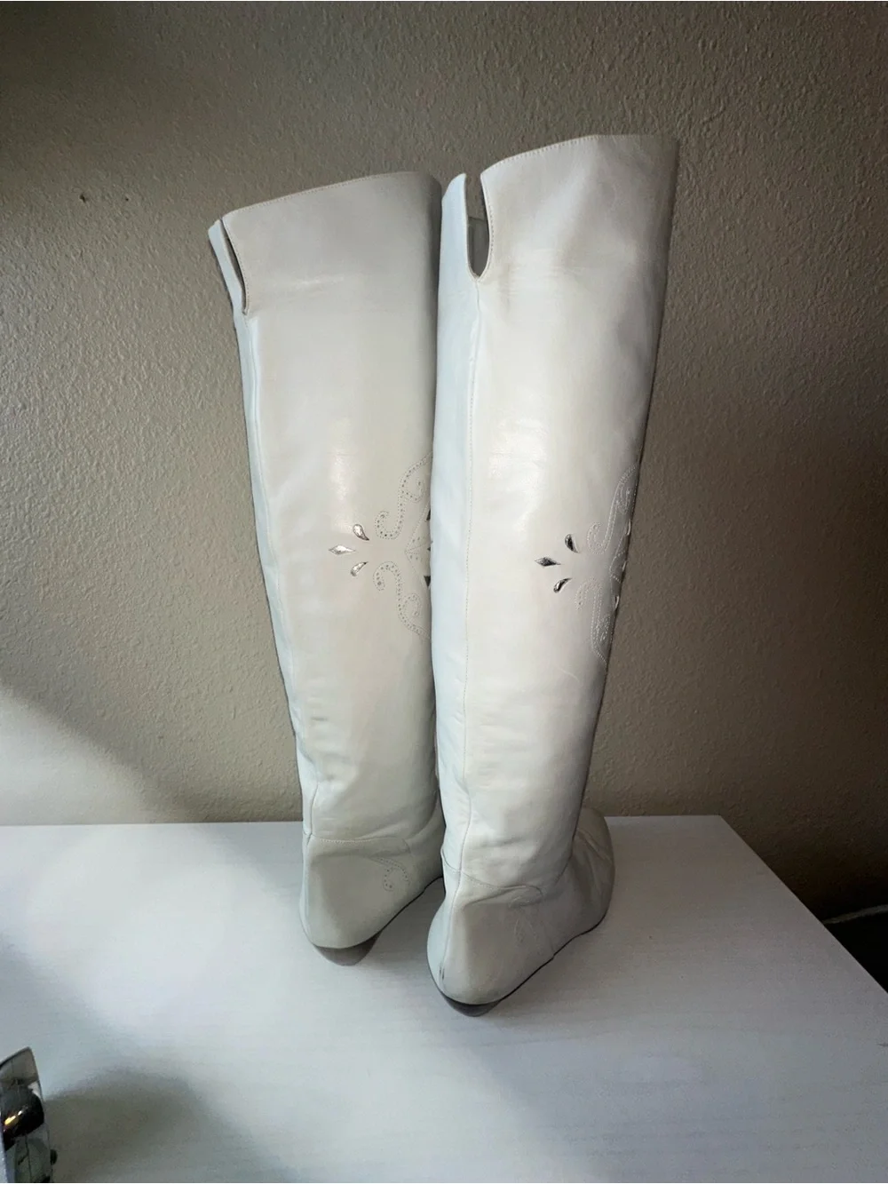 Vintage Caporicci White Western Knee High Boots Game Day Festival Bride Bridal 8
